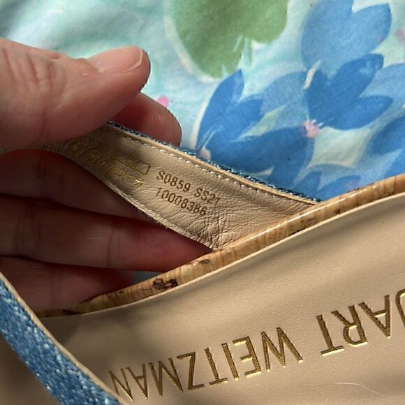 Stuart Weitzman Denim Strap Square Toe Sandals Wedge - Picture 12 of 16